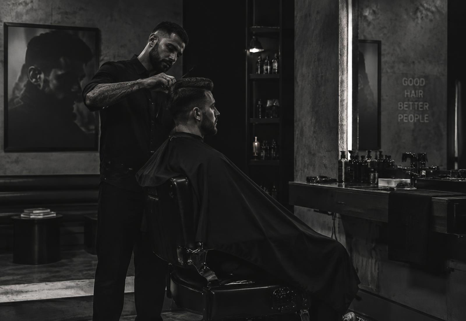 Barber at work in a dark, modern barbershop